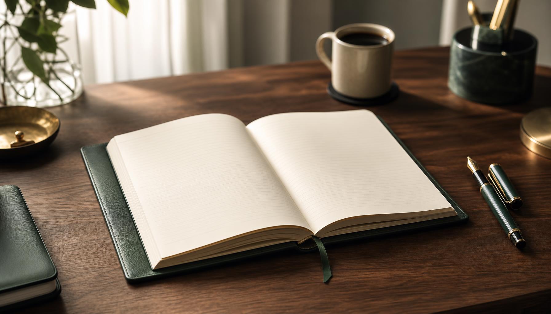Open executive notebook and fountain pen on a walnut desk in natural light